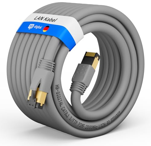 hb-digital 20m Patchkabel CAT 8.1 LAN nätverkskabel S/FTP PIMF 2xRJ45 Plug koppar LSZH Halogenfri RoHS-kompatibel 40 Gbits Ethernet Port 2000 MHz Internet DSL, PC, Router, Switch, Modem, TV grå