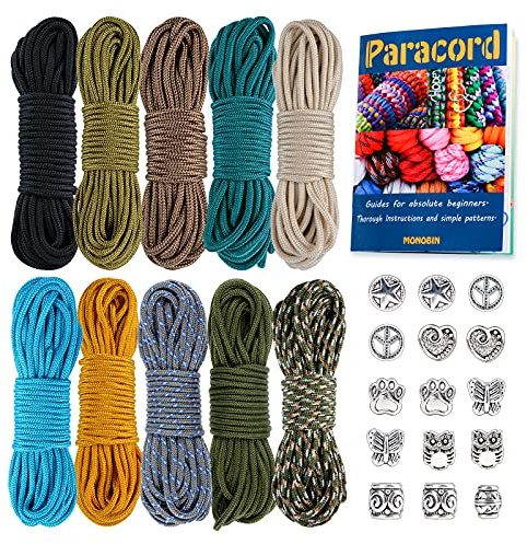 MONOBIN Micro Paracord, 2mm 10Colors 20FT Paracord Combo Kit mit Paracord Anleitung und Charms für die Herstellung von Paracord Armbänder, Lanyards