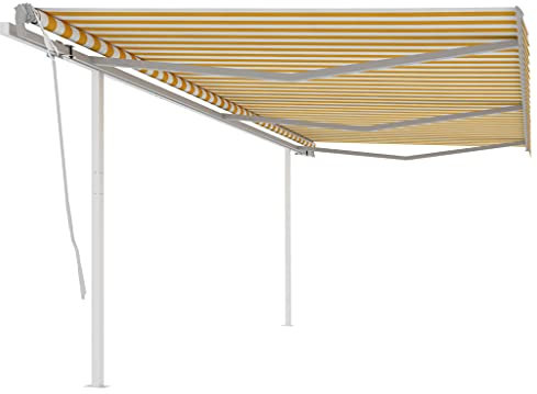 (Blitzlieferung) Klemmmarkise mit Handkurbel Balkon, UV-beständig höhenverstellbar wasserabweisend, Sonnenschutz, Terrassenüberdachung, Gelenkarmmarkise Einziehbar mit Pfosten 6x3 m Gelb und Weiß