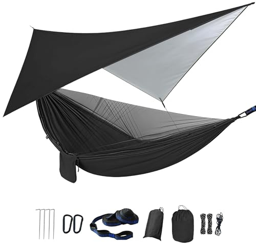 Outdoor Hängematte mit Moskitonetz und Regenfliege Schnell Trocknende Fallschirm Nylon Camping Hängematte Zelte für Trekking, Reise, Strand, Garten