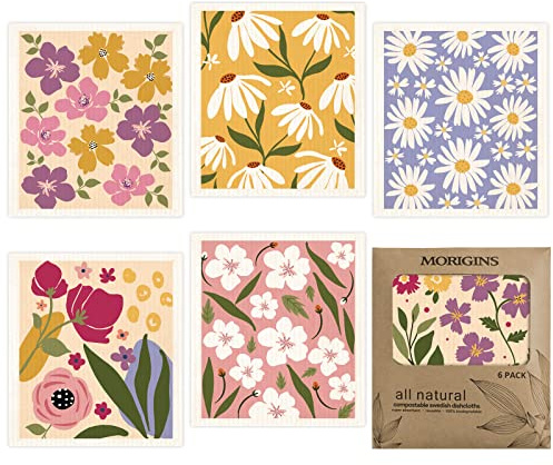 Morigins Swedish Dishcloths for Kitchen 6 Pack Flowers Cellulose Sponge Cloths Non Scratch Reusable Paper Towels No Odor, Biodegradable and Reusable Kitchen Dish Rags (Wildflowers)