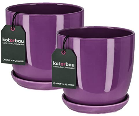 KOTARBAU® 2 x Maceteros con plato de cerámica esmaltada, Ø16 cm, Maceta violeta, Tiesto decorativo para plantas, Maceta con plato y orificio de drenaje, Efecto espejo, Reflejo brillante, Macetas 2 UDS