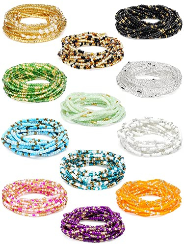 Fumete 12 Pcs Waist Beads Set Handmade African Belly Beads Chain Plus Size Body Jewelry Non Stretching Belly Chain for Women, 70 Inch, cotton threads and glass beads, Goldstone