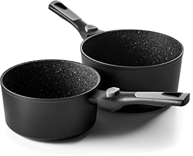 Pradel Excellence - Set 2 Casseroles 18/20 cm - Aluminium Forgé - Revêtement Anti-Adhésif Façon Pierre - Manche Amovible Ergonomique - Compatible Tous Feux dont Induction