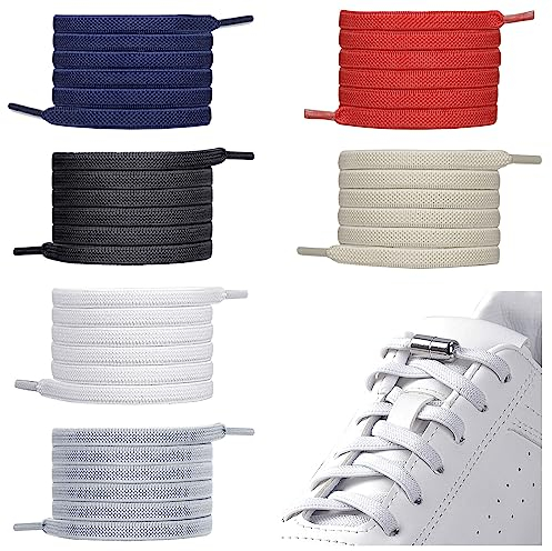 6 par elastiska skosnören med metallkapsel, justerbara skosnören utan band, gummiskosnören med kapslar, gummiskosnören för sneakers, löparskor, sportskor, Platt-6 färger, Flach