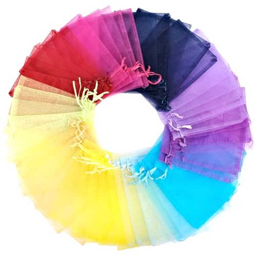 FIHODONE 50 Stück Organzasäckchen 13x18CM,Geschenksäckchen Zehn Farben,Stoffsäckchen mit Zugband,Kleine tüten für süßigkeiten,Lavendelsäckchen Leer,Schmuckbeutel