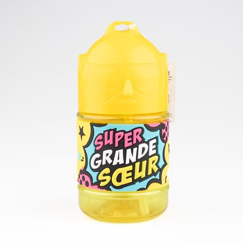 Bouteille personnalisée pour enfant, gourde d'eau avec paille - Super grande sœur, Jaune