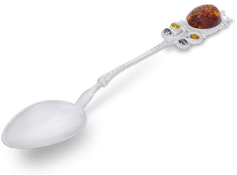 AMBEDORA Silver Spoon Winsdor with Amber, Polished Sterling Silver, Baltic Amber in Three Colours, L. 12,7 cm