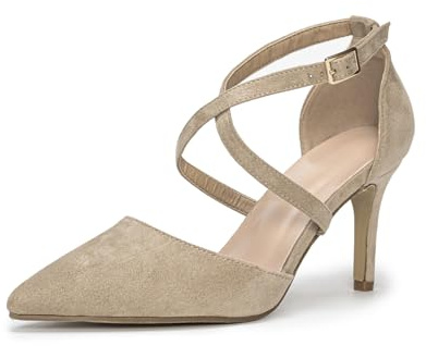 Hoefirm Womens Stiletto Pointed Toe Pumps Cross Strap Court Shoes High Heels Sexy Party Shoes Suede Nude Size 6