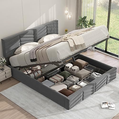 Becag Polsterbett 140x200, Doppelbett mit Stauraum Unter dem Bett, Bett mit Lattenrost, Hydraulisches Funktionsbett Stauraumbett Rückenlehne Bett Jugendbett, Streifen-Stil, Ohne Matratze, Samt Grau