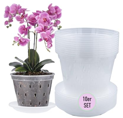 Garten lux 10er Set Orchideentöpfe Transparente mit Drainageloche Ø17cm 1.5L und 10 Stücke Untersetzern Kunststoff-Pflanztöpfe Blumentöpfe für orchideen für den Innenbereich