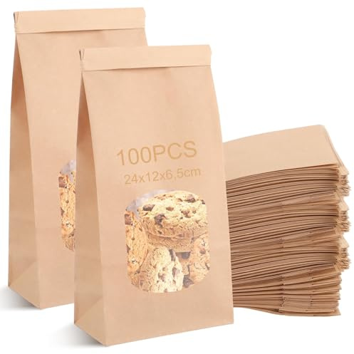 YAYODS 100 st. papperspåsar med fönster – 24 x 12 x 6,5 cm kraftpapperspåsar små – papperspåsar bruna med stängning – brödpåsar papper för kex, bröd, smörgåsar, godis, kaffebönor