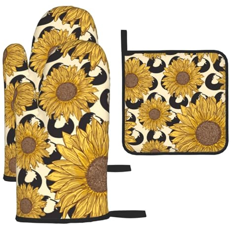 LAMAME Set di guanti da forno con stampa girasole e presina, resistenti al calore, guanti da cucina