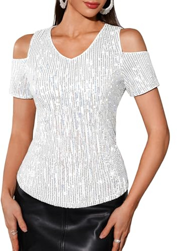 DRESSTELLS Pailletten Oberteil Damen Weiß Glitzer Bluse Damenbluse Elegant Festliche Karneval Party Disco Outfit Weiß M