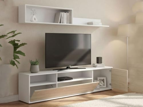 Dmora - Parete attrezzata Gabberi, Composizione soggiorno, Mobile salotto multiuso, Armadio porta TV, 180x35 h44 cm, Bianco e Rovere