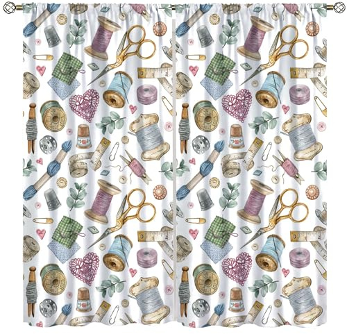 Kurtect Sewing Mashine Window Curtain,Vintage Style Sewing Tool Needle Thread Watercolor Blackout Curtains for Bedroom Cafe Dining Room Office Living Room Kitchen Drapes, 42x45 in