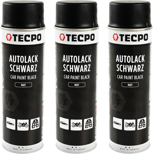 TECPO Lackspray schwarz matt, 3x500ml Autolack Rallyschwarz Sprühlack Farbspray mit hoher Deckkraft für Innen- und Außenbereich