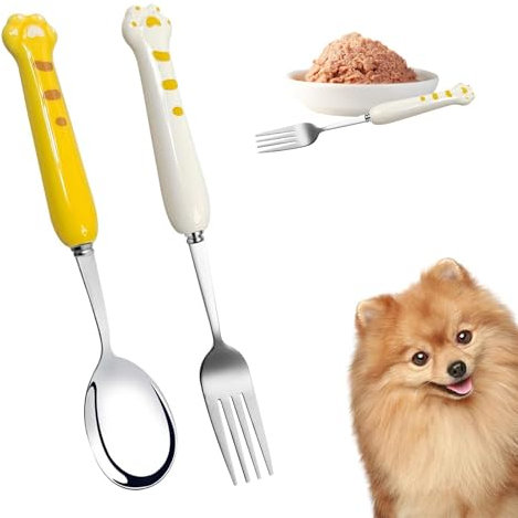 2-in-1 Pet Food Spoon & Fork - Long Handle Stainless Steel Scoop for Wet Cat/Dog Food, Easy Feeding Utensil with Ergonomic Handle (White & Yellow)