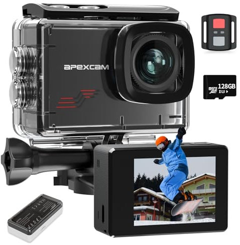 Apexcam M80 Caméra Sport 4K 60FPS Action cam avec Micro 128Go Photo 48MP Camera Étanche 40M avec 8X Zoom 170° Grand Angle avec Kits d'accessoires pour Aventures