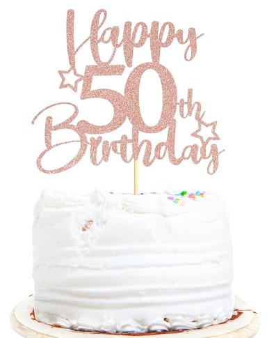 Sotpot 50th Birthday Cake Topper Double‑sided Rose Gold Glitter with Star Pattern 1 pack for 50th Birthday Party Supplies