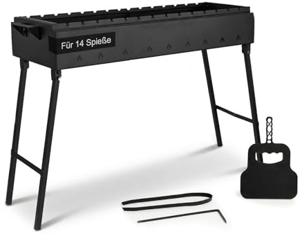Mangal Klappbar Holzkohlegrill für 14 Spieße 2 mm Stahl 90x33 cm Schaschlik Grill Shashlychnik BBQ Klappgrill Ideal für Garten, Camping & Picknick