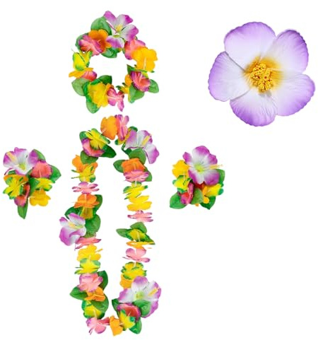 LUMOOM 5 Stück Hawaii Blumenkette, Blume Haarschmuck, Hawaii Kette Blumen Set, mit Haarband Stirnband Armbänder Haarclips, Kostüm Damen Zubehör, für Hawaii Strand Party Deko (B)