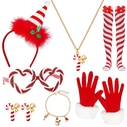 7Stück Weihnachtskostüm Damen Set,Zuckerstange Kostüm Weihnachtsfrau Kostüm mit Haarreif Erwachsene Handschuhe Halskette Ohrringe Strümpfe Brille Armband Candy Kostüm Weihnachts für Karneval Cospaly