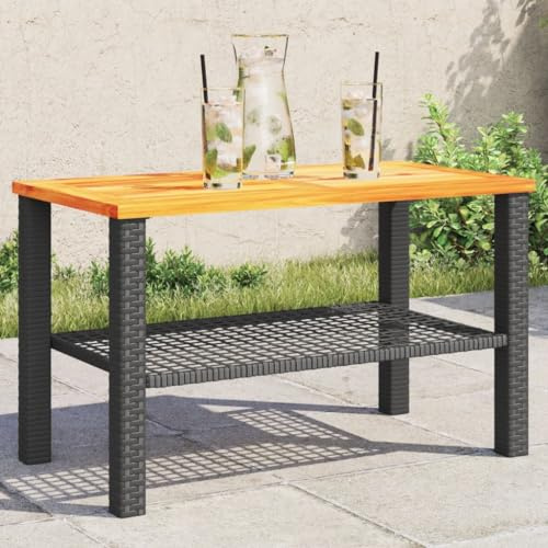 HaoChrymec Gartentisch Schwarz mit Akazienholz-Platte und PE-Rattan, Loungetisch Outdoor, Beistelltisch Garten, Wetterfest, UV-beständig, 70 x 38 x 42 cm