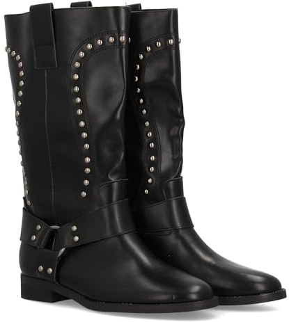 shoes&blues.es Botte haute pour femme au design élégant style cowboy. Cana avec clous métalliques. Harnais décoratif avec bandes et boucles. Idéal automne., Noir , 37 EU