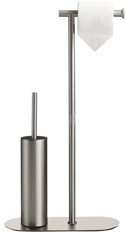 DAZI Porta carta igienica con spazzolone bagno WC in acciaio inox – piantana portarotolo e scopino nichel spazzolato, include 2 testine di spazzola silicone e PP. Ideale per appartamenti toilette