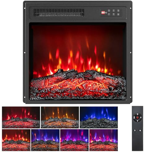 FANTASK Chimenea eléctrica empotrada 18 750W/1500W con Mando a Distancia, 7 Colores de Llama realistas, 5 Niveles de Brillo Ajustables, Temporizador 8 Horas, Inserto de Chimenea eléctrica