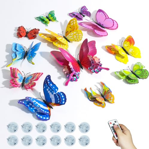 SoulBay 3D Stickers Muraux Papillon Decoration, 36 Pièces RVB LED Stickers Muraux Enfants avec 12 Chauffe-plat LED Télécommande et Minuterie à Piles pour Chambre, Fête, Salon, Noel Décoration