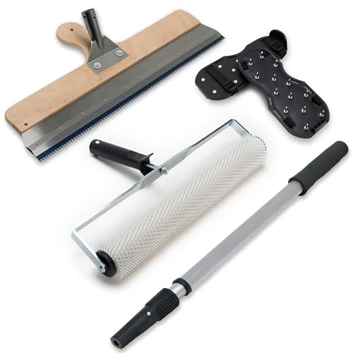 Werkzeug Set 4tlg für Bodenbeschichtung & Ausgleichsmasse - Stehrakel, Entlüftungswalze, Nagelschuhe und Teleskopstiel