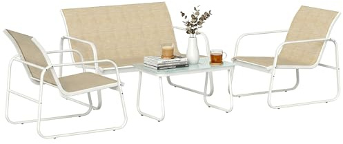 Outsunny Set Salotto da Giardino 4 Pezzi, Set di Mobili da Giardino in Texteline con Divano 2 Posti, 2 Poltrone, Tavolino in Vetro Temperato, Struttura in Acciaio, Salottino da Esterno Balcone, Cachi