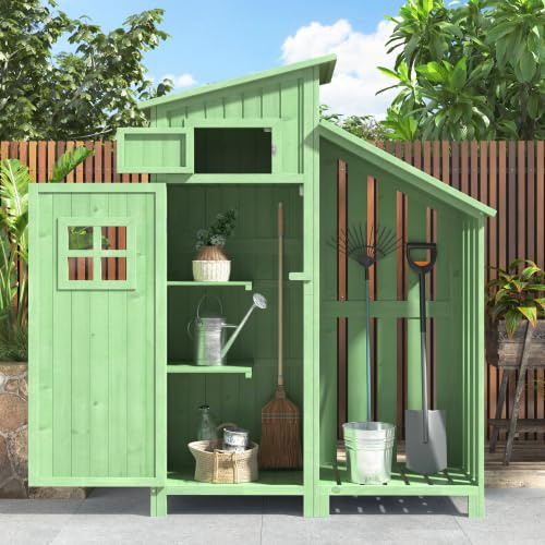 Gartenschrank aus Kiefernholz, Schmaler Geräteschrank 124x46x174 cm mit Satteldach & PVC-Beschichtung, Wasserdichter Werkzeugschrank für Kleine Gärten, Balkon, Terrasse
