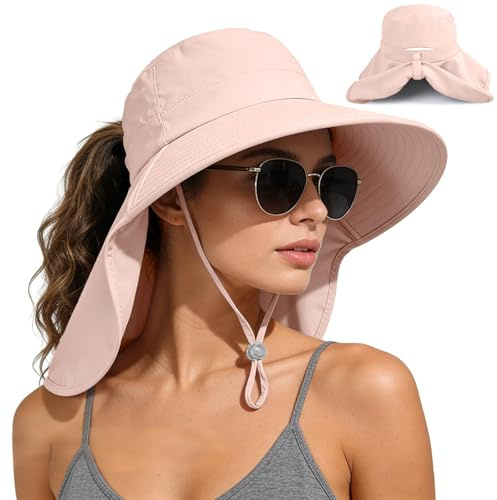 Yemlarey Sonnenhut Damen UV Schutz Sommerhut mit Nackenschutz Fischerhut Breiter Krempe für Frauen Gärtner Hut,Outdoor Hut,Safari Hut Wanderhut