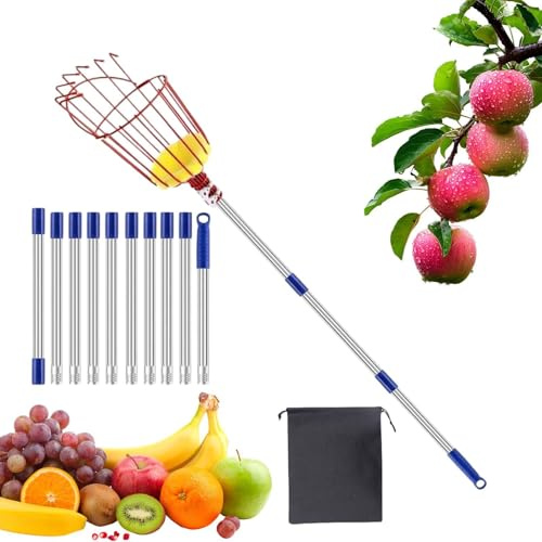 Pértiga Con Cesta Recolector Frutas, Herramienta Portátil De Recolección, Recogedor de aguacates 3,96 m con mango extensible y cesta, Para Huerto Jardín Granja Aguacate Limón Pera Naranja