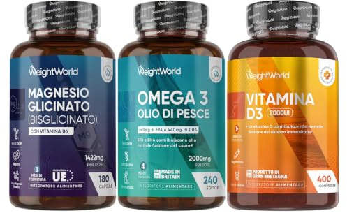Magnesio Bisglicinato 1422mg, Omega 3 Olio di Pesce 2000mg, Vitamina D3 2000 UI Bundle, Magnesio Glicinato con Vitamina B6, 660mg EPA e 440mg DHA, Integratore Omega3 Fish Oil, Colecalciferolo (50mcg)