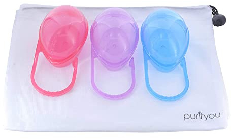 purifyou PurePouch BPA-Free Pacifier Case Holder & Nipple Shield Case, Hold Up to Two and Three Pacifiers and Pacifier Clips Per Container with Free Mesh Sack (Set of 3, Mixed)