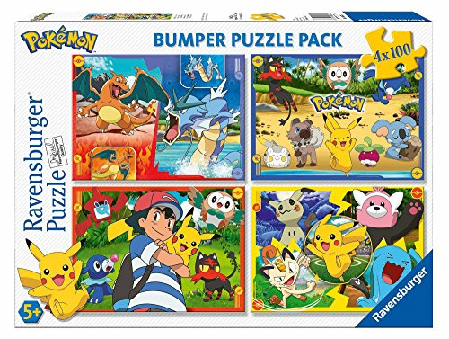 Ravensburger - Pokémon-Puzzle, 4 x 100 Teile, empfohlenes Alter 5 Jahre - Maße 36 x 26 cm