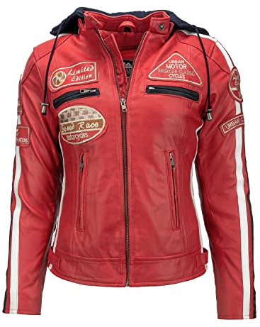 URBAN 5884 Giacca da motociclista da donna con protezioni, giacca in pelle di agnello, protezioni per schiena, spalle e gomiti | Rosso | S