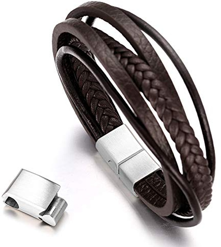 Halukakah Basics ● Ausflug ● Herren-Armband Handgefertigt | Echtleder Schwarz & Braun | Magnetverschluss Edelstahl in Schwarz & Silber | KOSTENLOS Geschenkbox | Größe Einstellbar 21.5cm-23cm