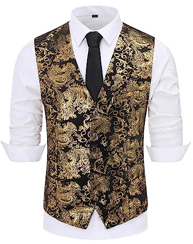 Allthemen Mens Paisley Jacquard Suit Gilet monopetto Vest Slim Fit Button Down Prom Abito formale Gilet Oro nero M