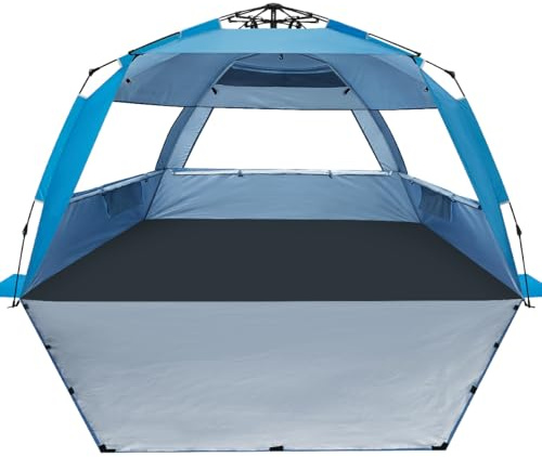 WhiteFang Deluxe XL Pop Up Beach Tent Sun Shade Shelter for 3-4 Person, UV Protection, Extendable Floor with 3 Ventilating Windows Plus Carrying Bag, Stakes, and Guy Lines (Solid Blue)