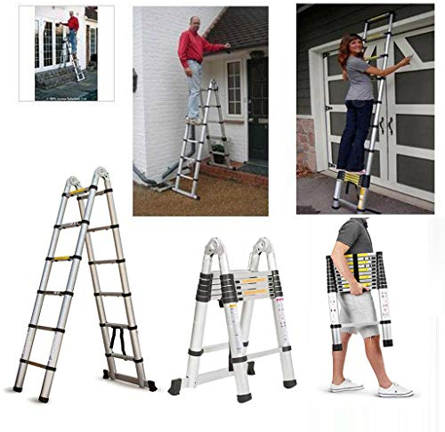 Échelle télescopique 3,8 m - en Aluminium - Échelle coulissante et Cadre A - avec Barre de Support antidérapante - Échelle Pliante antidérapante - Charge maximale : 150 kg (3,8 m/1,9 m+1,9 m)