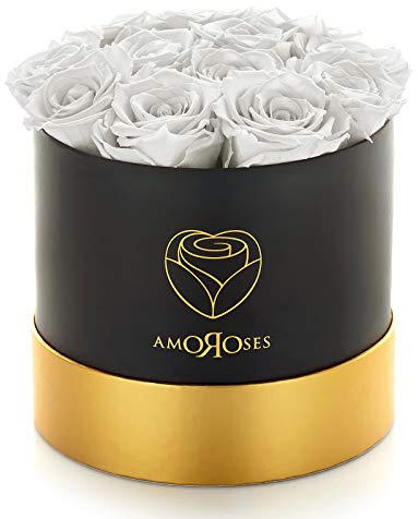 Amoroses 12 Rose Stabilizzate Vere durano Anni - Idea Regalo per Lei Originale Elegante Bouquet per Compleanno, Laurea e Altre Occasioni Speciali (Scatola Nera con Rose Bianche)