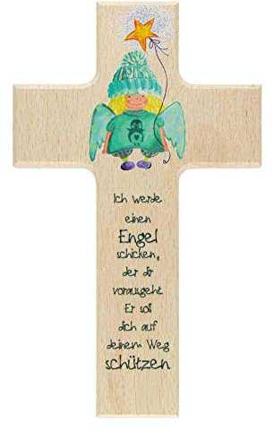 kruzifix24 Kinderkreuz Ich werde einen Engel schicken - Motiv Süßer Schutzengel blau/grün mit goldenem Stern Holzkreuz Natur 20 x 12 cm Mädchen/Junge Taufkreuz Geschenk Geburt Kommunion