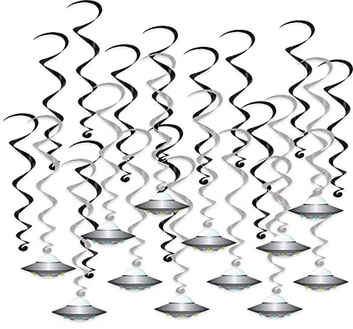 Beistle 53763 Soucoupes volantes Tourbillons 24 pièces Décorations de l'Espace Alien Fournitures de fête suspendues, Papier, Noir/Argent/Blanc/Bleu/Vert