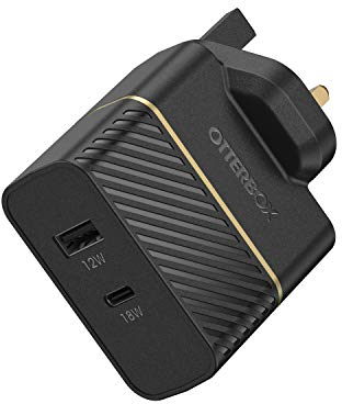 OtterBox Dual Port UK Wall Charger 30W, USB-A 12W + USB-C PD 18W, Fast Charger for Smartphone and Tablet, Drop Tested, Rugged, Ultra Durable, Black