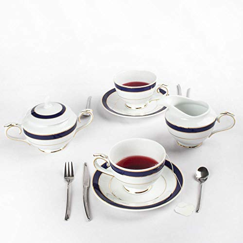 Service à café en porcelaine blanc bleu style classique 27 pièces – 12 tasses, 12 assiettes, 1 cafetière, 1 lait, 1 sucre – Modèle Victoriano Bleu cobalt